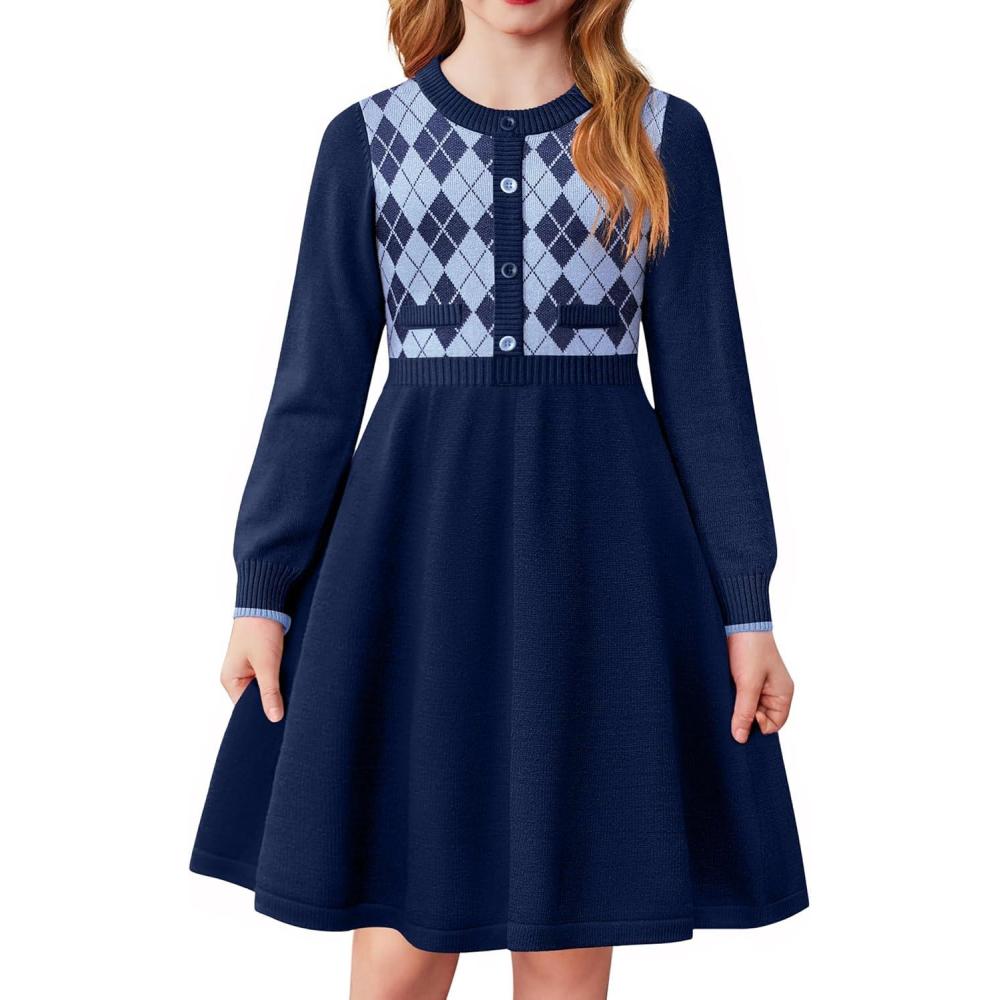 imageArshiner Girls Sweater Dress Long Sleeve Button Knit Fall Winter Pullover Dresses for Kids 512 YearsNavy Blue