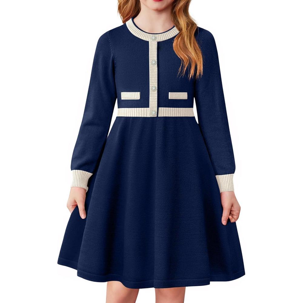 imageArshiner Girls Sweater Dress Long Sleeve Button Knit Fall Winter Pullover Dresses for Kids 512 YearsNavy Bluewhite