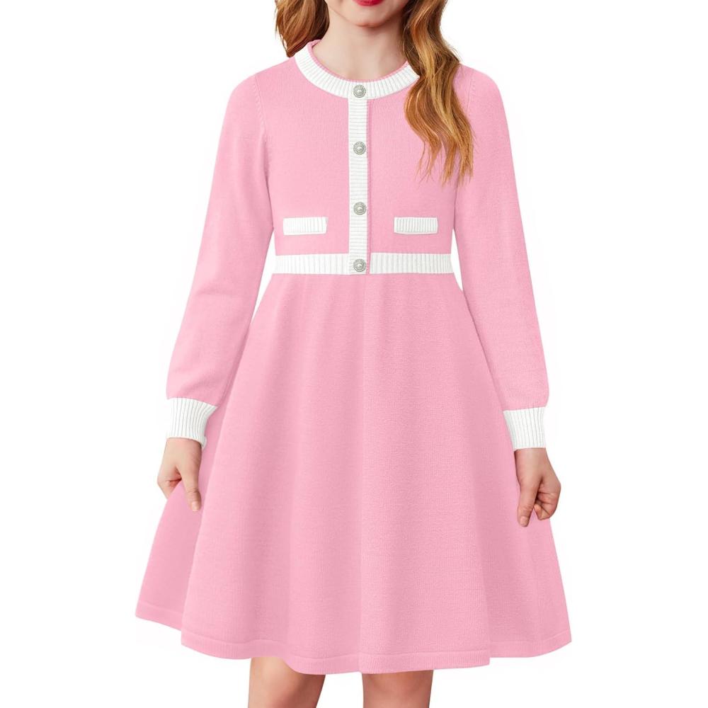 imageArshiner Girls Sweater Dress Long Sleeve Button Knit Fall Winter Pullover Dresses for Kids 512 YearsPinkwhite