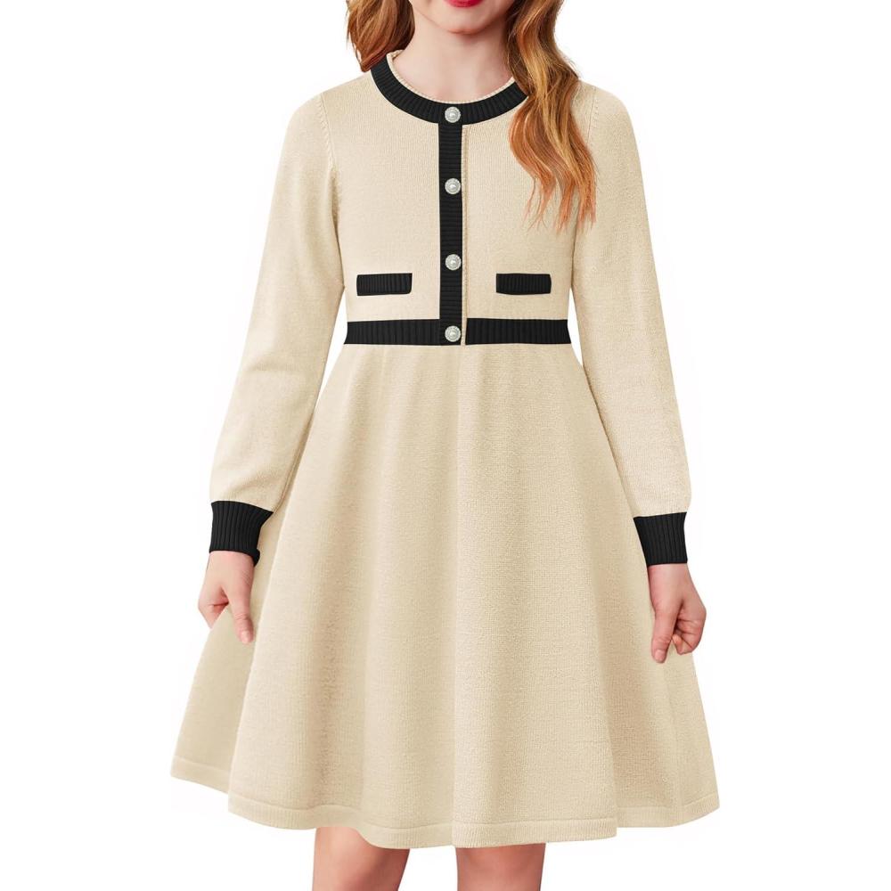 imageArshiner Girls Sweater Dress Long Sleeve Button Knit Fall Winter Pullover Dresses for Kids 512 YearsWhiteblack