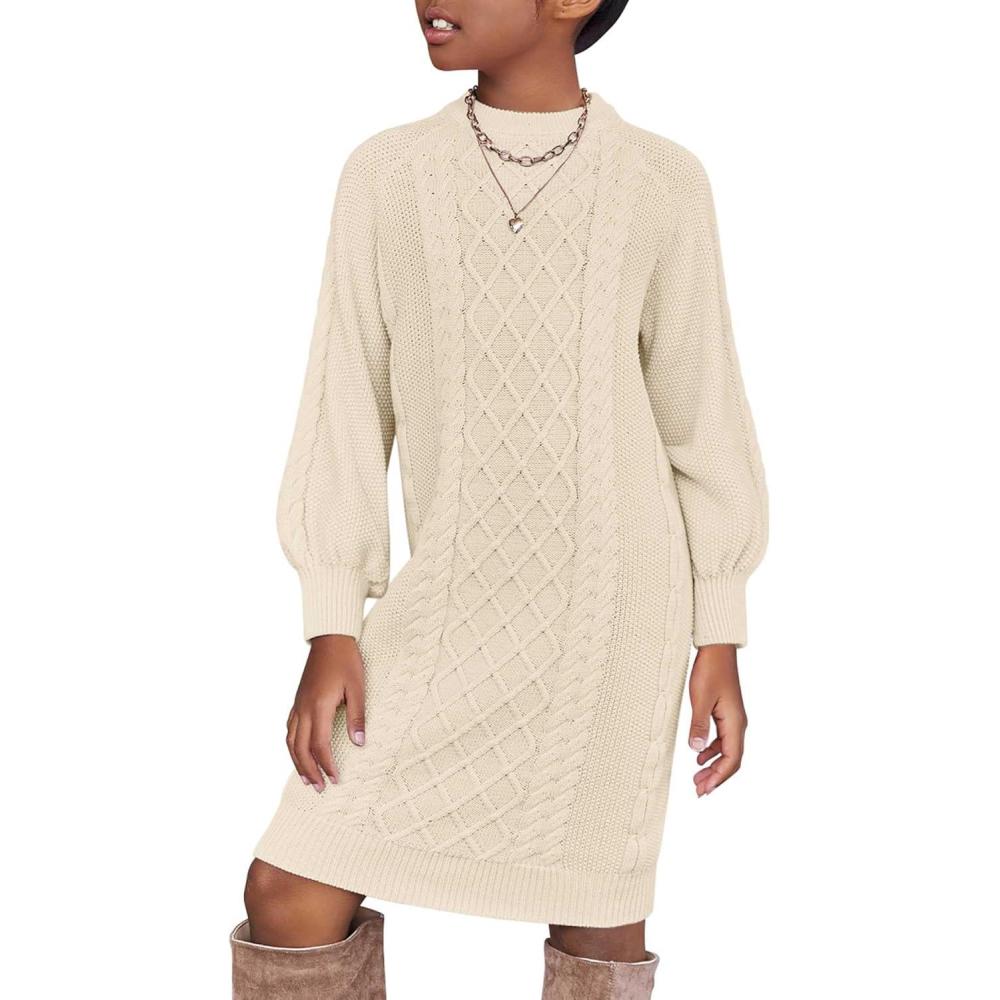 imageArshiner Girls Sweater Dress Puff Long Sleeve Casual Cable Knit Pullover Fall Dresses for 612 YearsApricot