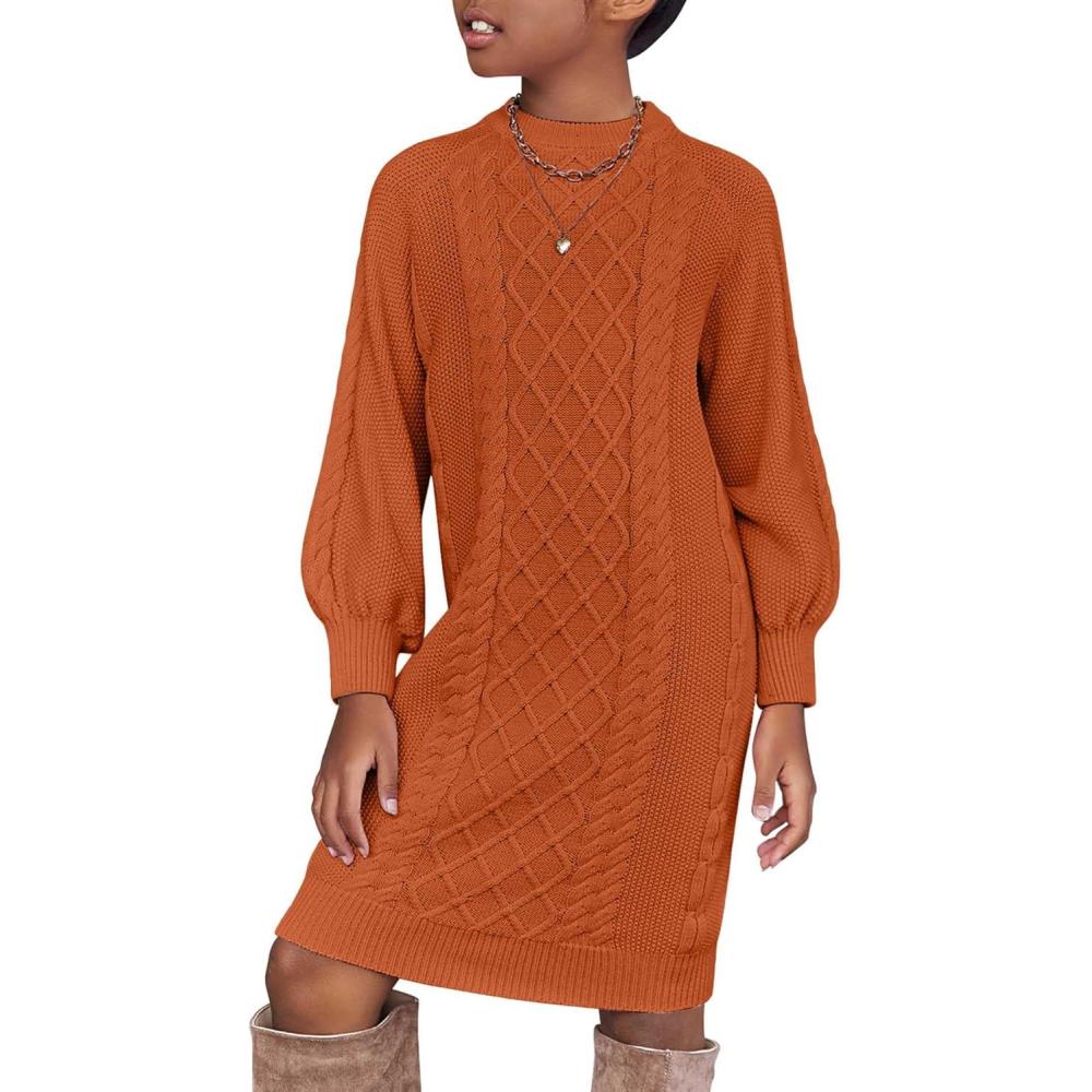 imageArshiner Girls Sweater Dress Puff Long Sleeve Casual Cable Knit Pullover Fall Dresses for 612 YearsCaramel
