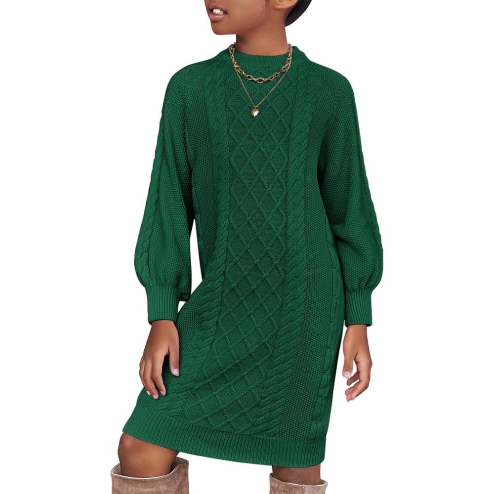 imageArshiner Girls Sweater Dress Puff Long Sleeve Casual Cable Knit Pullover Fall Dresses for 612 YearsGreen