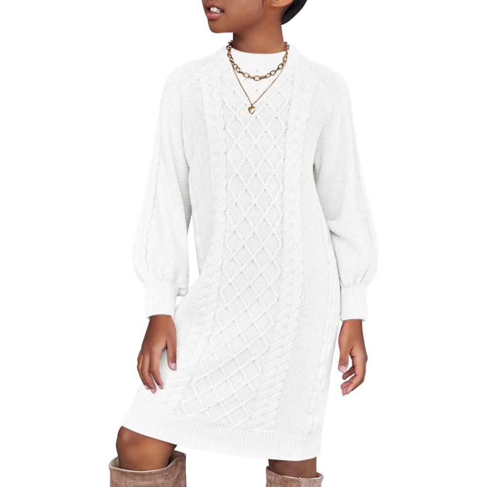 imageArshiner Girls Sweater Dress Puff Long Sleeve Casual Cable Knit Pullover Fall Dresses for 612 YearsWhite