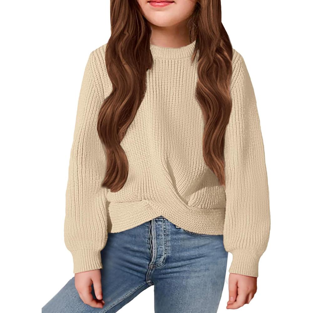 imageArshiner Girls Sweaters Kids Twist Front Cute Pullover Knitted Jumper Fall Winter ClothesApricot