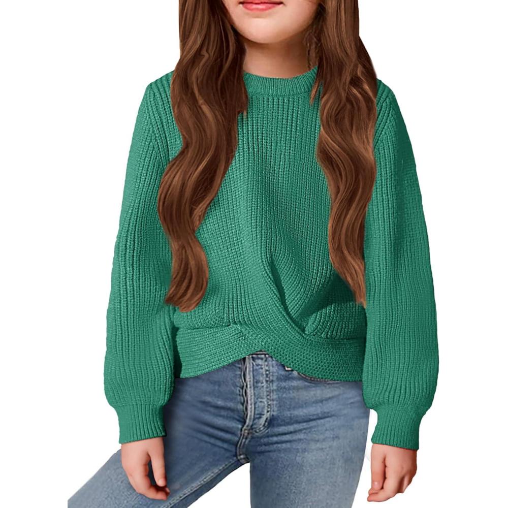 imageArshiner Girls Sweaters Kids Twist Front Cute Pullover Knitted Jumper Fall Winter ClothesDark Green