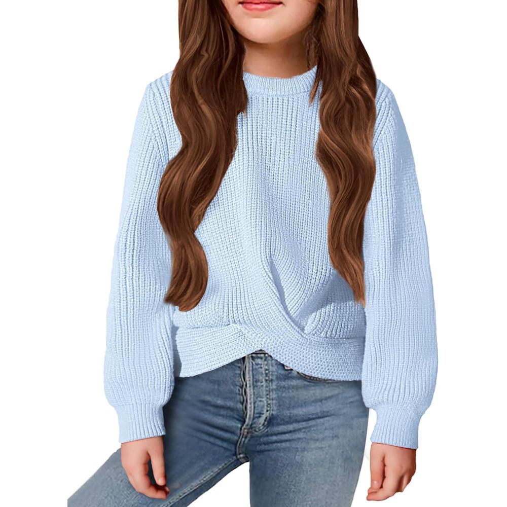 imageArshiner Girls Sweaters Kids Twist Front Cute Pullover Knitted Jumper Fall Winter ClothesLight Blue