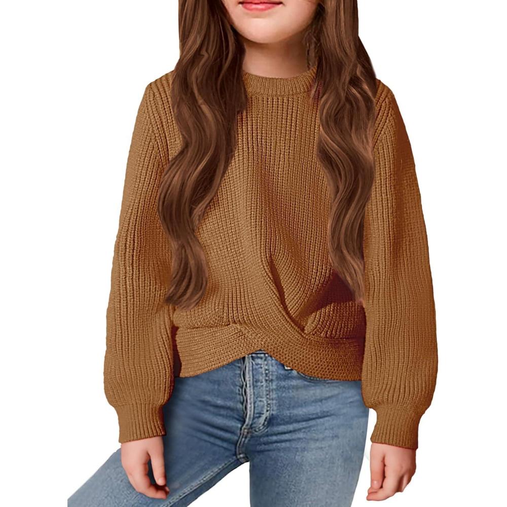 imageArshiner Girls Sweaters Kids Twist Front Cute Pullover Knitted Jumper Fall Winter ClothesLight Brown
