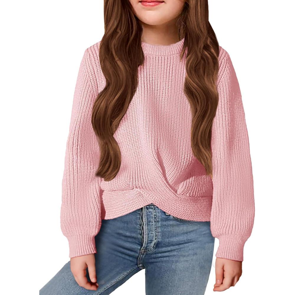 imageArshiner Girls Sweaters Kids Twist Front Cute Pullover Knitted Jumper Fall Winter ClothesLight Pink