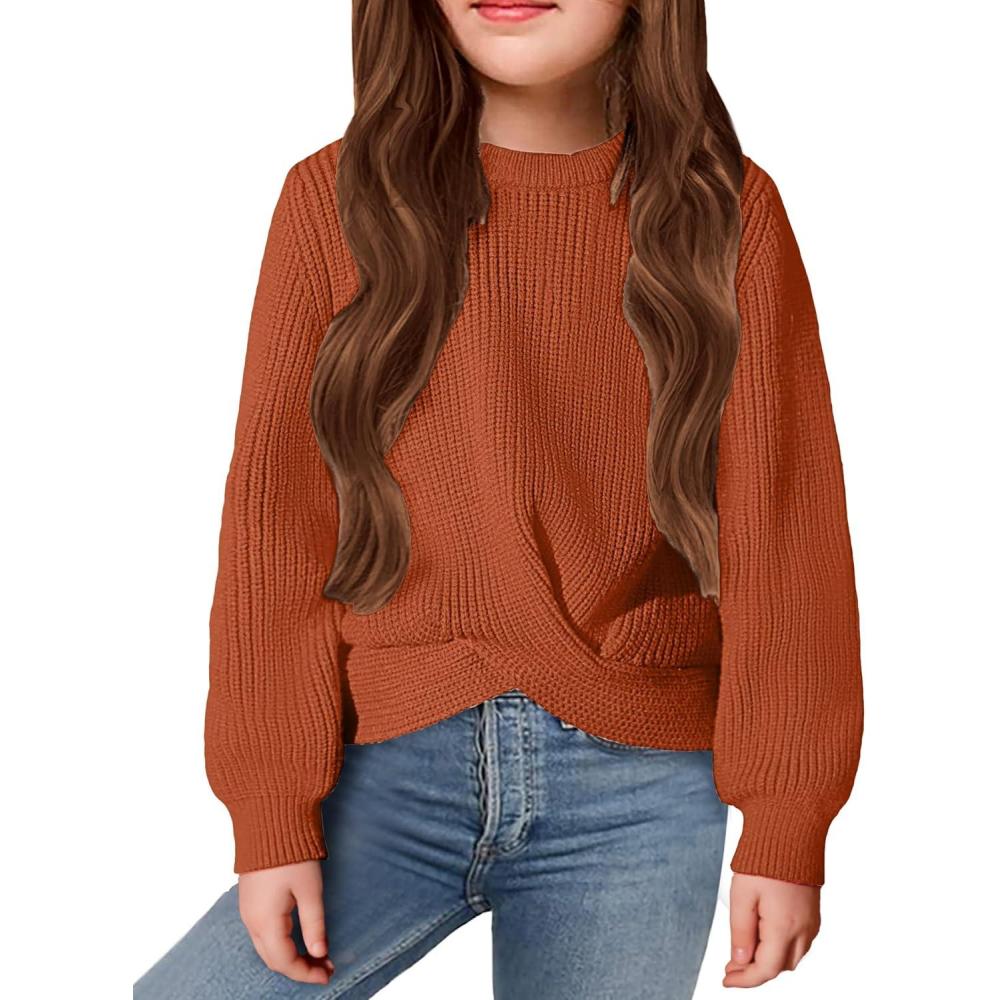 imageArshiner Girls Sweaters Kids Twist Front Cute Pullover Knitted Jumper Fall Winter ClothesOrange