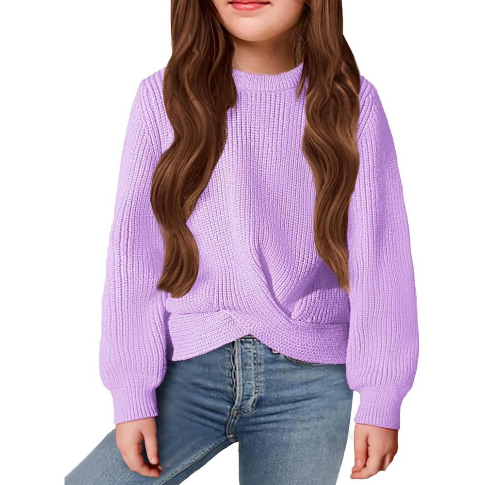 imageArshiner Girls Sweaters Kids Twist Front Cute Pullover Knitted Jumper Fall Winter ClothesPurple