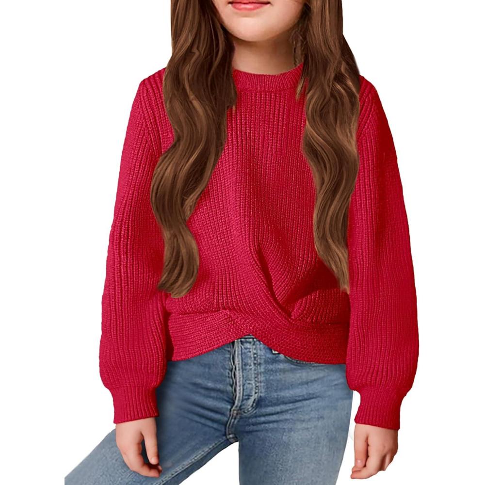 imageArshiner Girls Sweaters Kids Twist Front Cute Pullover Knitted Jumper Fall Winter ClothesRed
