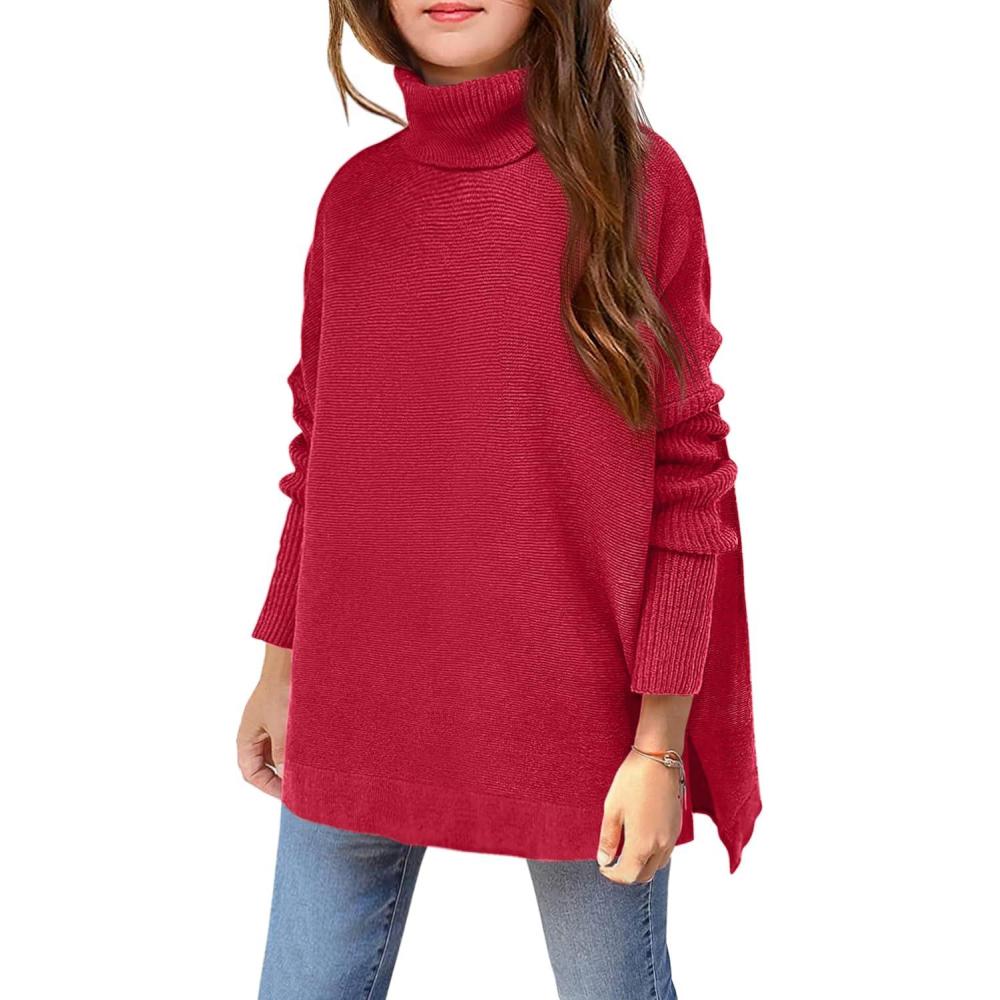 imageArshiner Girls Sweaters Turtleneck Kids Tunic Long Sleeve Knit Chunky Pullover Jumper TopsRed