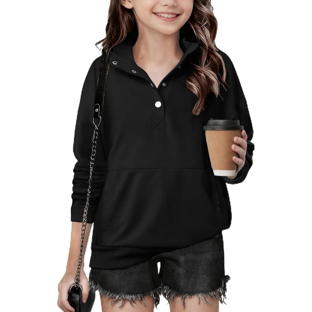 imageArshiner Girls Sweatshirt Casual Lightweight Pullover Sweatshirts Long Sleeve Button Tops Fall Winter ClothesBlack