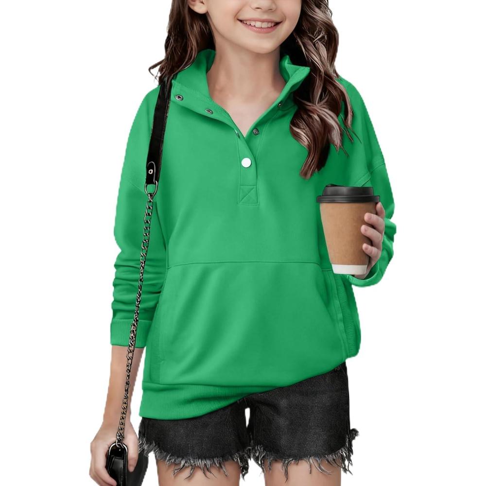 imageArshiner Girls Sweatshirt Casual Lightweight Pullover Sweatshirts Long Sleeve Button Tops Fall Winter ClothesGreen