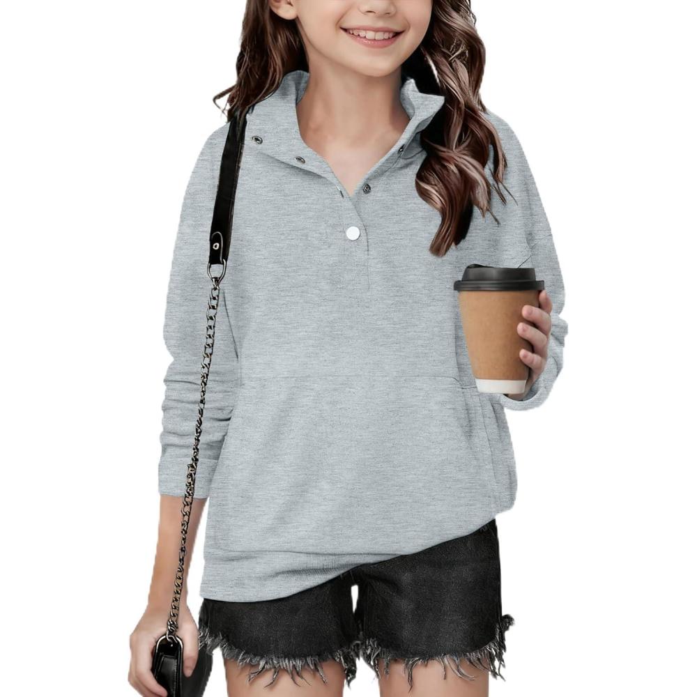 imageArshiner Girls Sweatshirt Casual Lightweight Pullover Sweatshirts Long Sleeve Button Tops Fall Winter ClothesGrey
