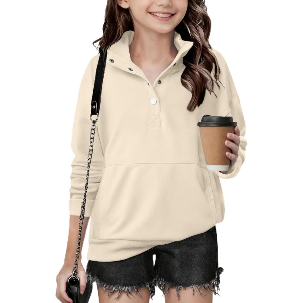 imageArshiner Girls Sweatshirt Casual Lightweight Pullover Sweatshirts Long Sleeve Button Tops Fall Winter ClothesKhaki