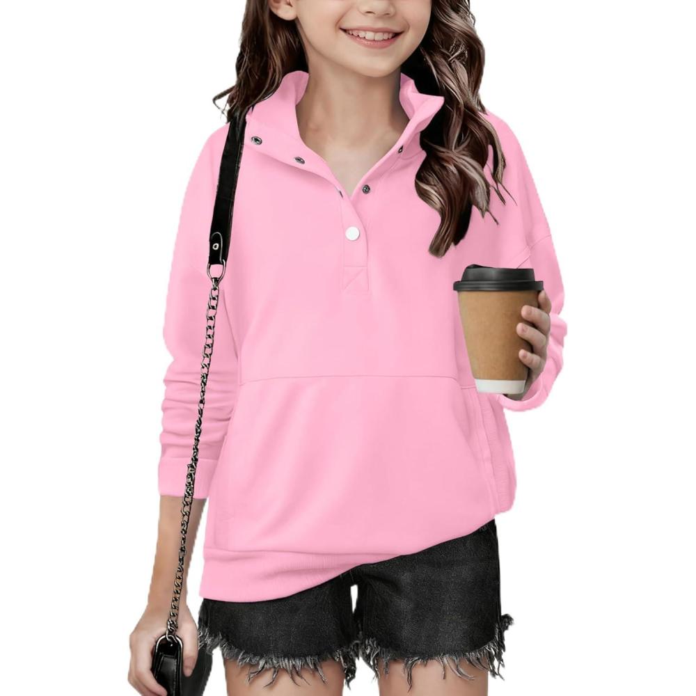 imageArshiner Girls Sweatshirt Casual Lightweight Pullover Sweatshirts Long Sleeve Button Tops Fall Winter ClothesLight Pink