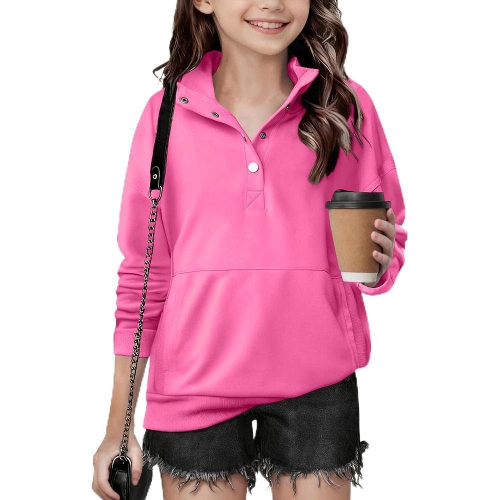 imageArshiner Girls Sweatshirt Casual Lightweight Pullover Sweatshirts Long Sleeve Button Tops Fall Winter ClothesPink