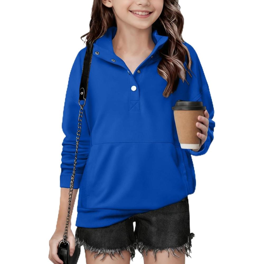 imageArshiner Girls Sweatshirt Casual Lightweight Pullover Sweatshirts Long Sleeve Button Tops Fall Winter ClothesRoyal Blue