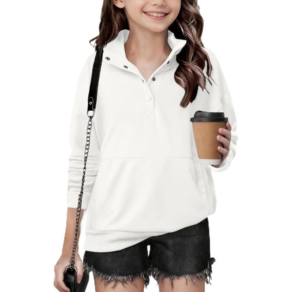 imageArshiner Girls Sweatshirt Casual Lightweight Pullover Sweatshirts Long Sleeve Button Tops Fall Winter ClothesWhite