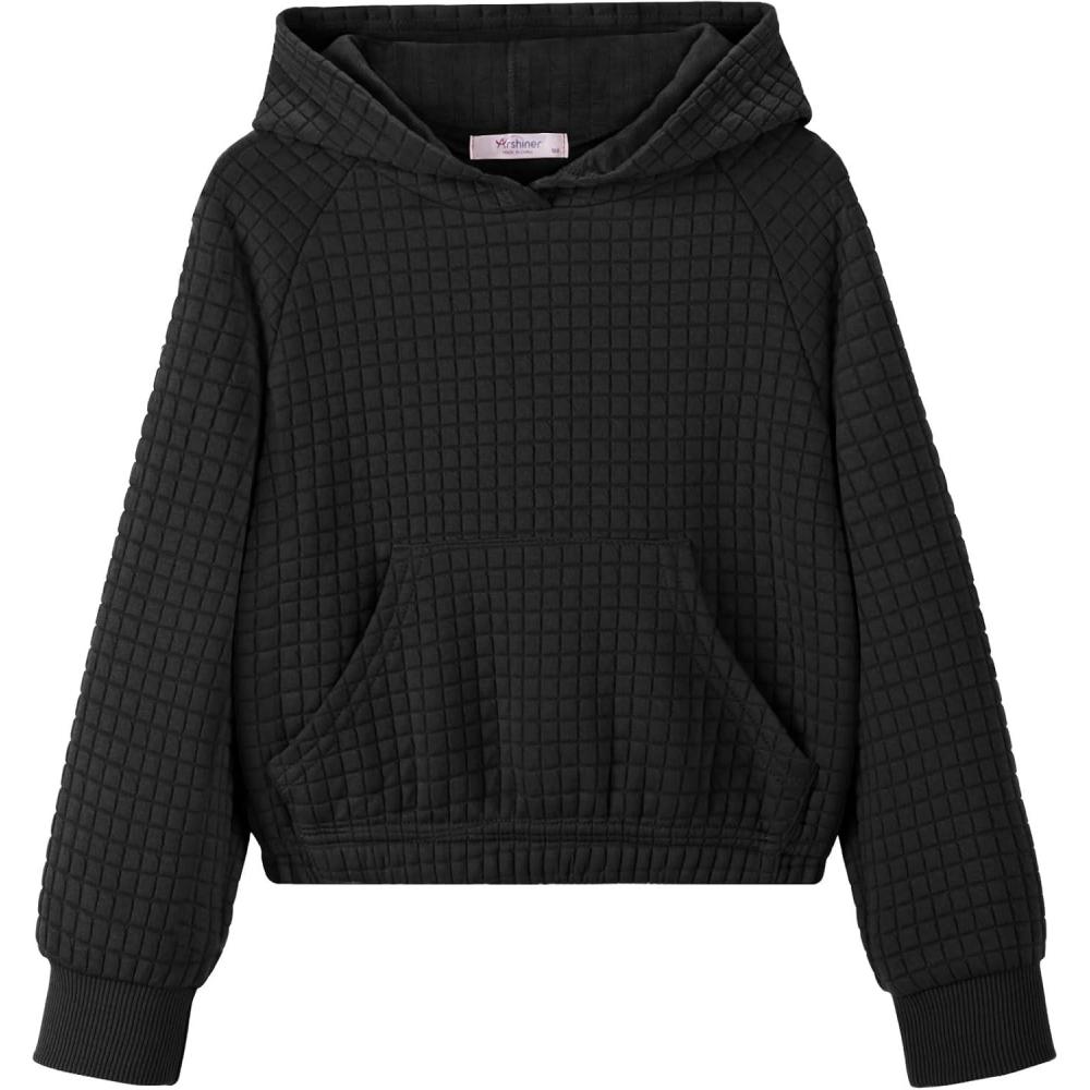 imageArshiner Girls Sweatshirt Teen Waffle Cropped Hoodies Casual Long Sleeve Cute Pullover TopsBlack