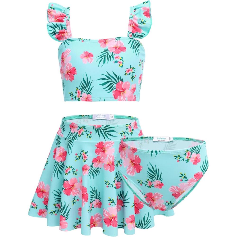 imageArshiner Girls Swimsuit 3 Piece Bathing Suits Cute Bikini Tankini Sets Teen Ruffle Swimwear with Cover Up SkirtFloralgreen
