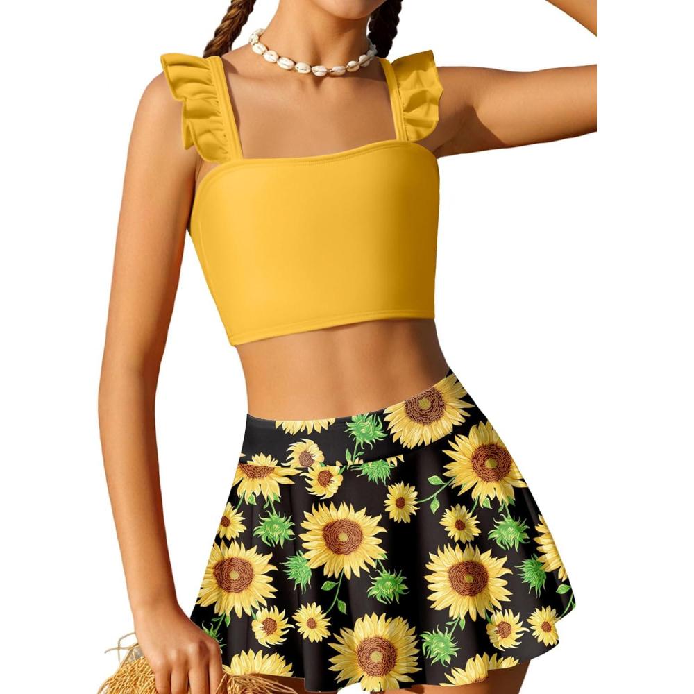 imageArshiner Girls Swimsuit 3 Piece Bathing Suits Cute Bikini Tankini Sets Teen Ruffle Swimwear with Cover Up SkirtSunflower