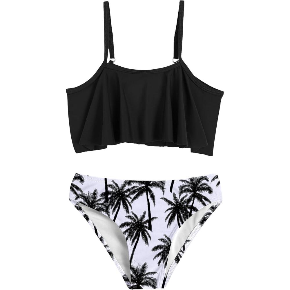imageArshiner Girls Swimsuit Two Pieces Bikini Set Ruffle Bathing Suits Flounced Tankini SwimwearBlack Tree