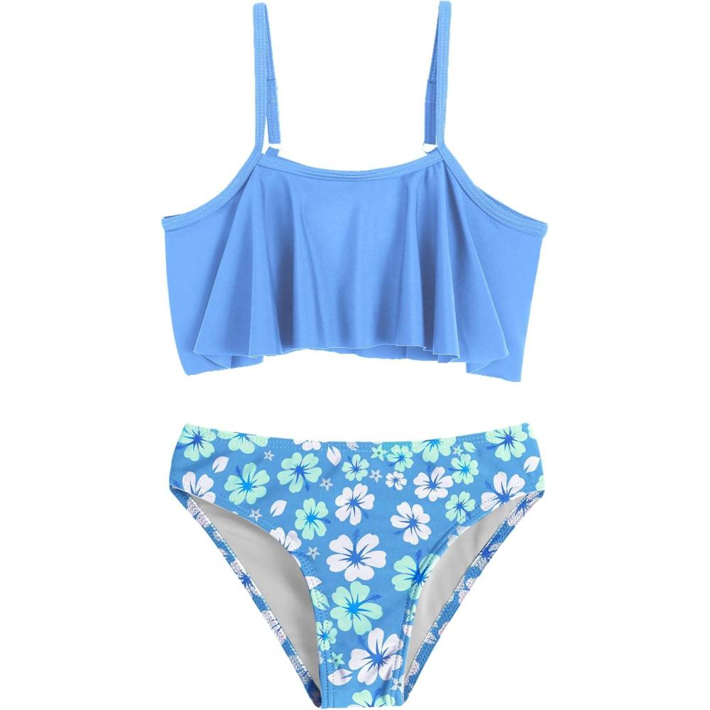 imageArshiner Girls Swimsuit Two Pieces Bikini Set Ruffle Bathing Suits Flounced Tankini SwimwearBlue