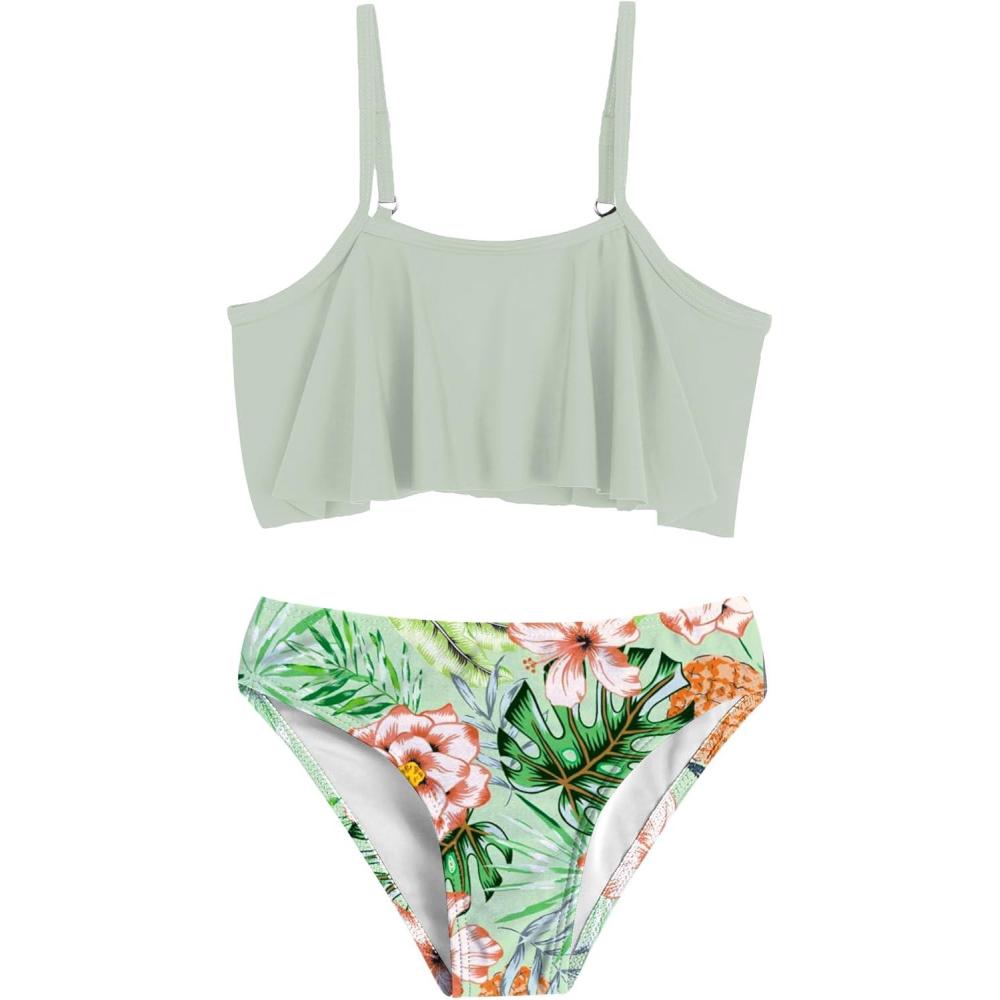 imageArshiner Girls Swimsuit Two Pieces Bikini Set Ruffle Bathing Suits Flounced Tankini SwimwearLight Green Flower