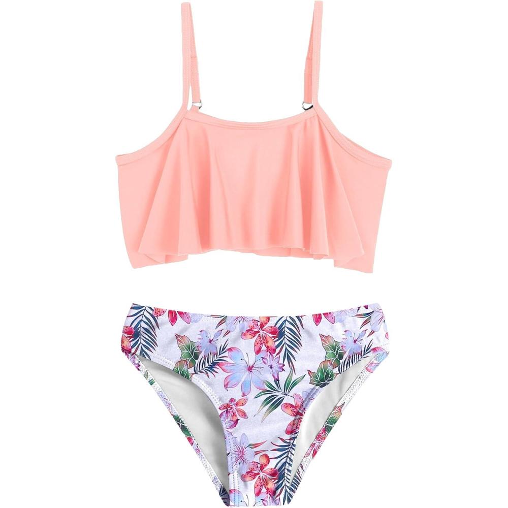 imageArshiner Girls Swimsuit Two Pieces Bikini Set Ruffle Bathing Suits Flounced Tankini SwimwearSalmon Flower