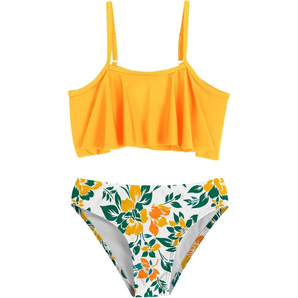 imageArshiner Girls Swimsuit Two Pieces Bikini Set Ruffle Bathing Suits Flounced Tankini SwimwearYellow