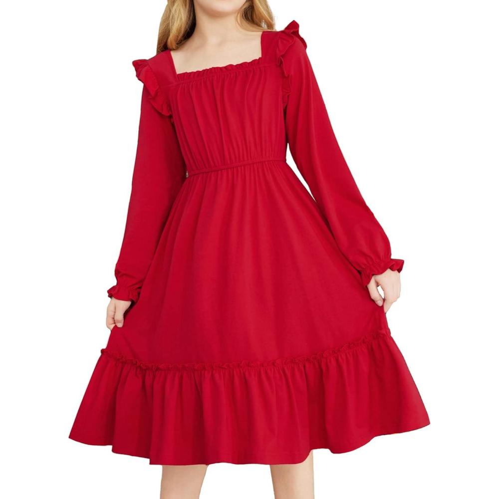 imageArshiner Girls Trendy Long Sleeve Ruffle Hem Elastic Waist Cute Elegant Midi Dresses 613 Years