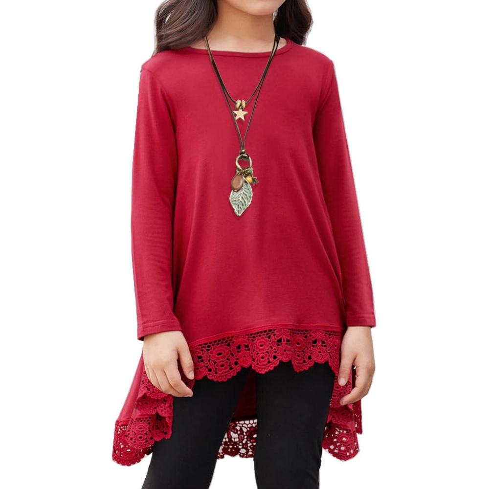 imageArshiner Girls Tunic Tops Casual Basic Loose Soft Swing Pullover Long Blouse TShirt TeeC Dark Red