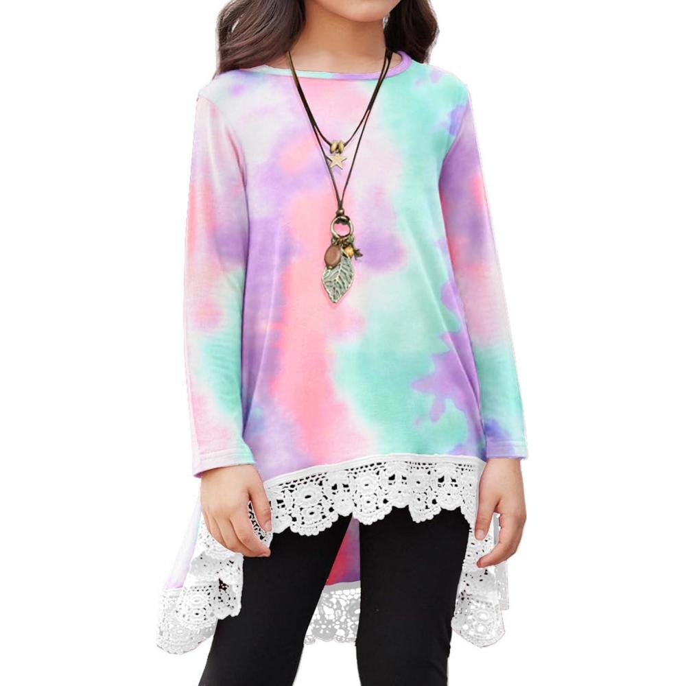 imageArshiner Girls Tunic Tops Casual Basic Loose Soft Swing Pullover Long Blouse TShirt TeeC GreenPurple Tie Dye