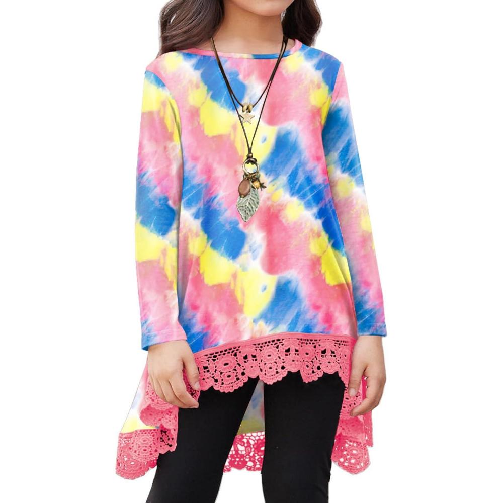 imageArshiner Girls Tunic Tops Casual Basic Loose Soft Swing Pullover Long Blouse TShirt TeeC PinkBlue Tie Dye