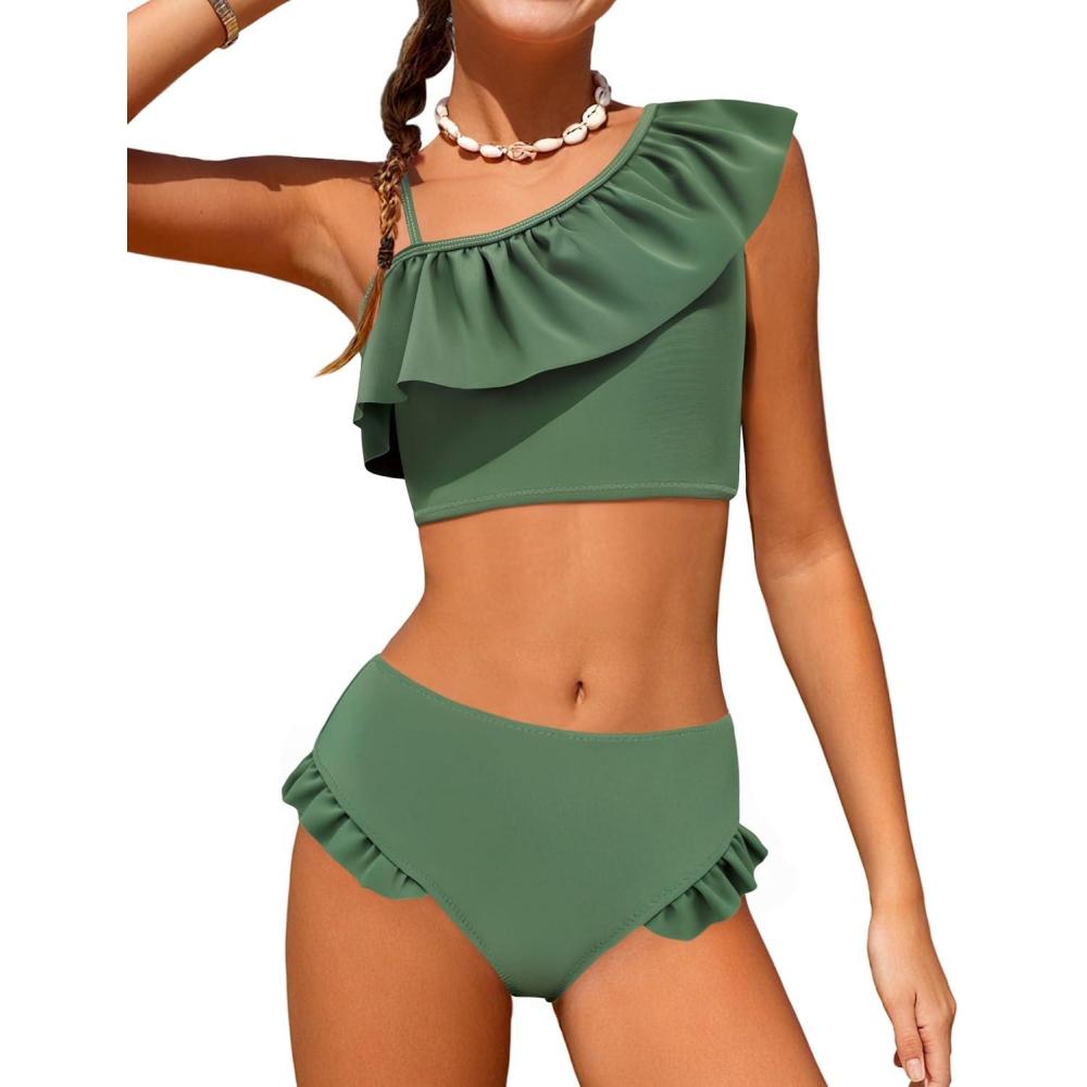 imageArshiner Girls Two Piece Swimsuit Ruffles Flounce Printed Bikini Set Swimwear Girl Bathing Suits with Chest Pad 415 YearsArmy Green