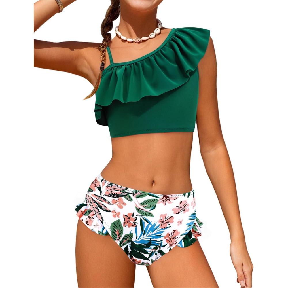 imageArshiner Girls Two Piece Swimsuit Ruffles Flounce Printed Bikini Set Swimwear Girl Bathing Suits with Chest Pad 415 YearsDark Green Tropical