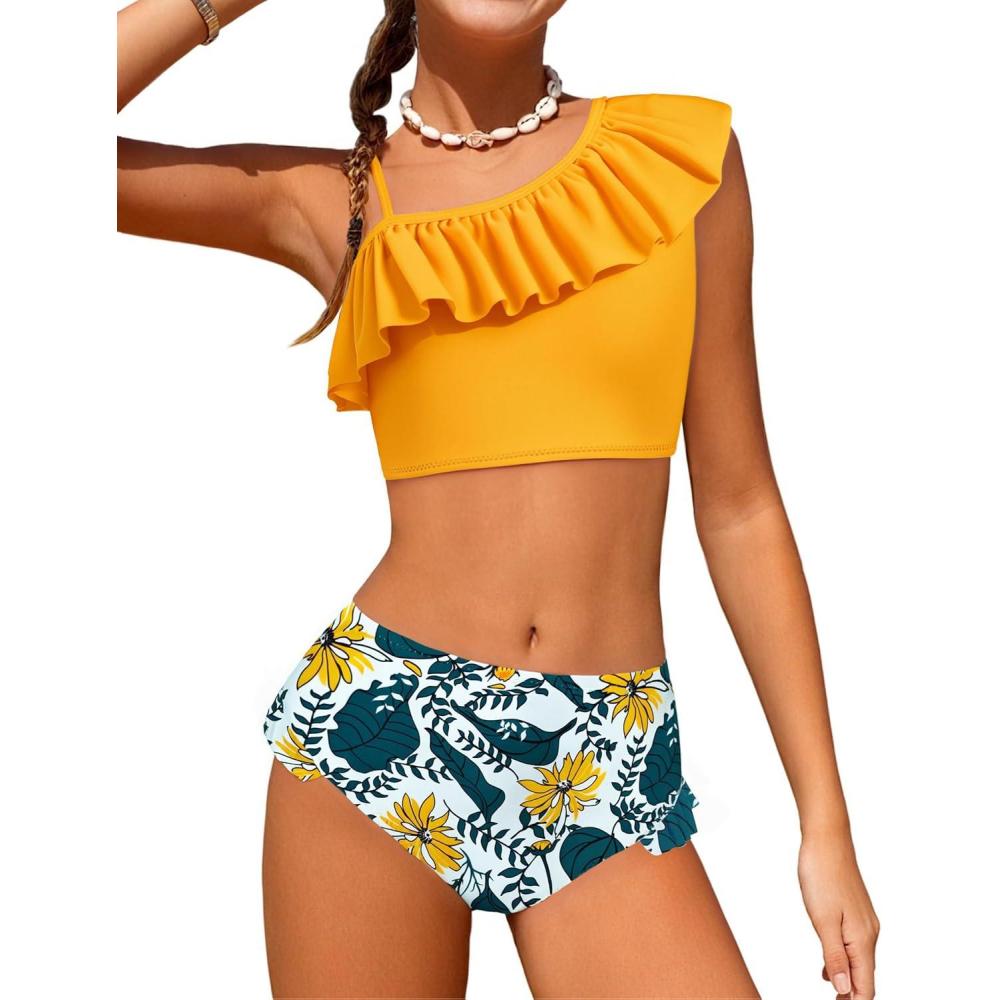 imageArshiner Girls Two Piece Swimsuit Ruffles Flounce Printed Bikini Set Swimwear Girl Bathing Suits with Chest Pad 415 YearsPattern 12