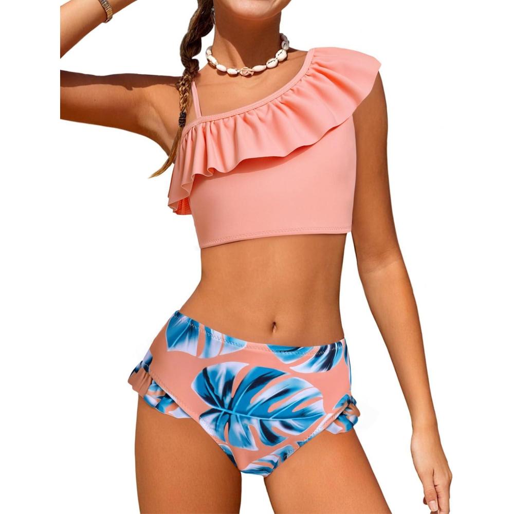 imageArshiner Girls Two Piece Swimsuit Ruffles Flounce Printed Bikini Set Swimwear Girl Bathing Suits with Chest Pad 415 YearsPattern 4