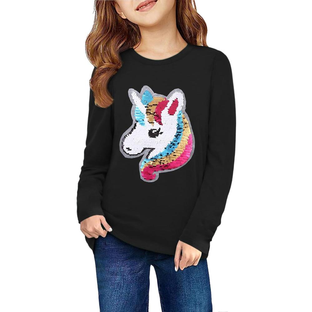 imageArshiner Girls Unicorn Shirts Short Sleeve Flip Sequin TShirt TopsAblack