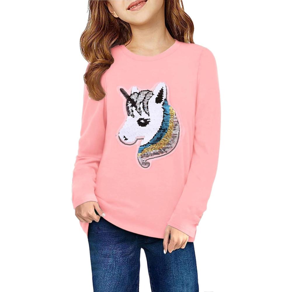 imageArshiner Girls Unicorn Shirts Short Sleeve Flip Sequin TShirt TopsApink