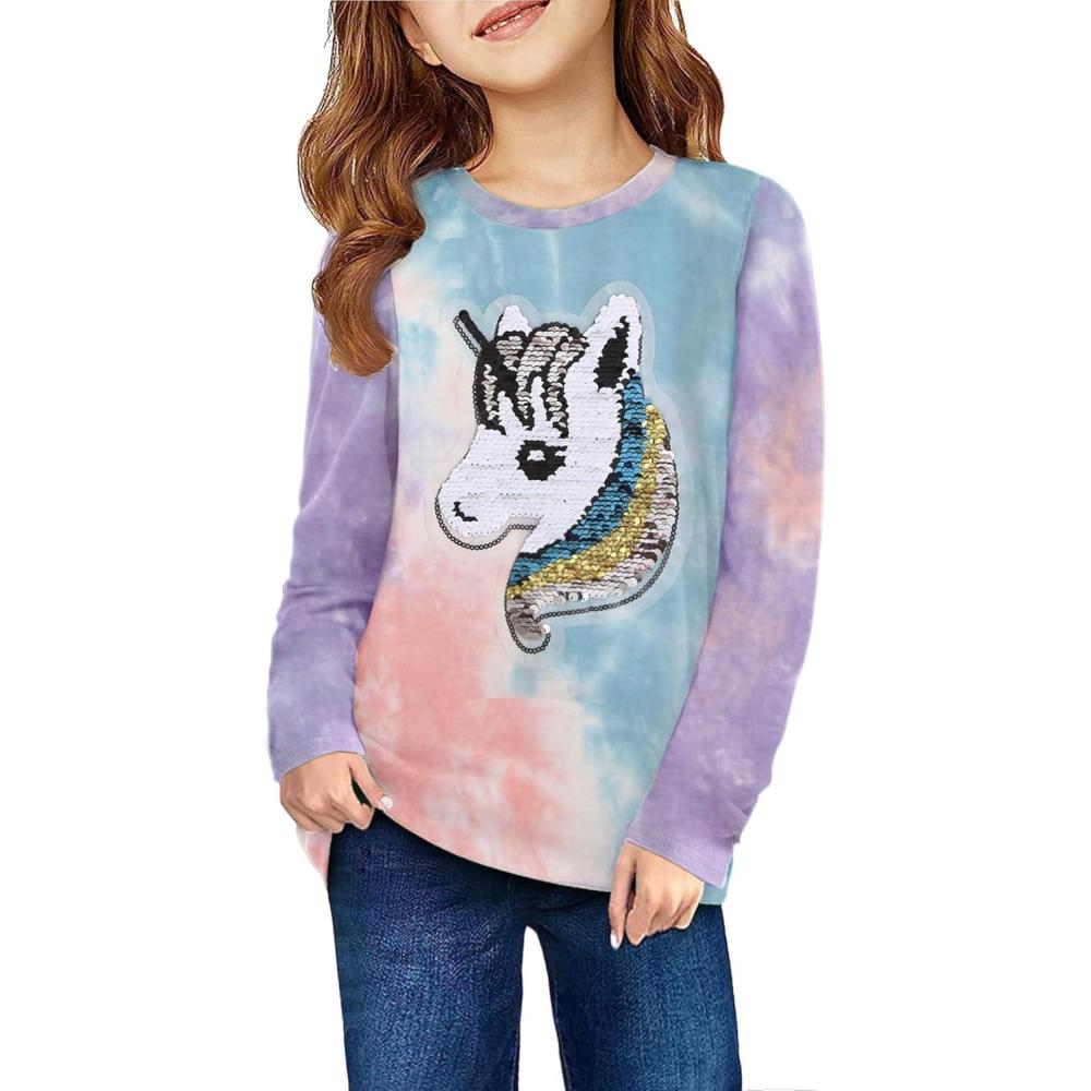imageArshiner Girls Unicorn Shirts Short Sleeve Flip Sequin TShirt TopsAtie Dye