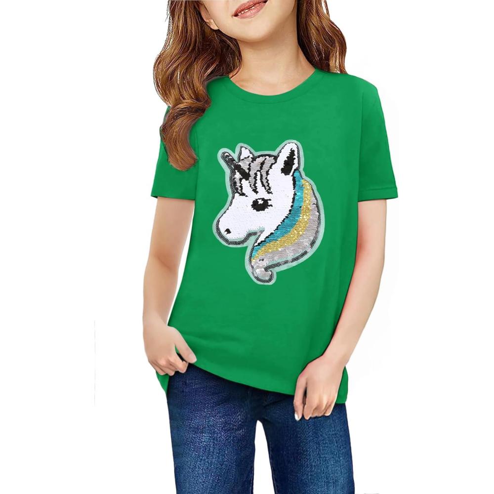 imageArshiner Girls Unicorn Shirts Short Sleeve Flip Sequin TShirt TopsGreen