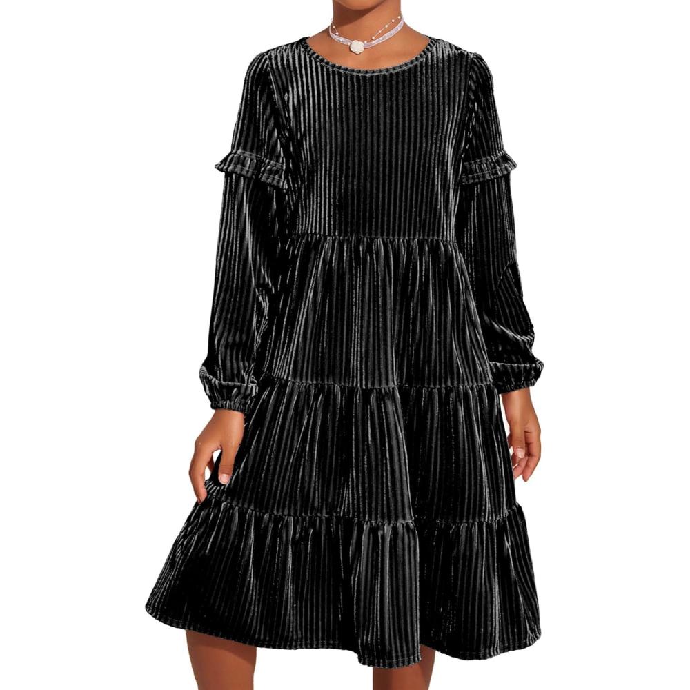 imageArshiner Girls Velvet Tiered Dress Long Sleeve Crew Neck Elegant Tween Twirly Dresses for 613 YearsBlack