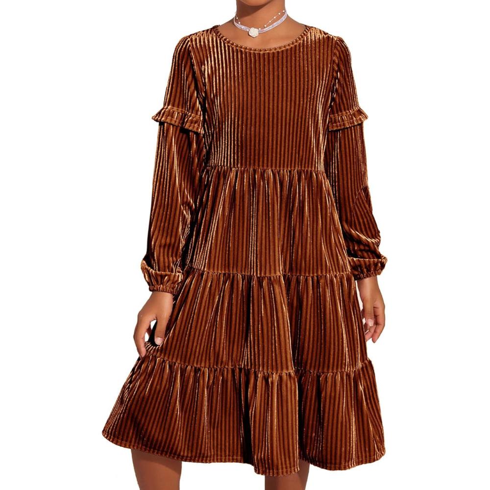 imageArshiner Girls Velvet Tiered Dress Long Sleeve Crew Neck Elegant Tween Twirly Dresses for 613 YearsCaramel