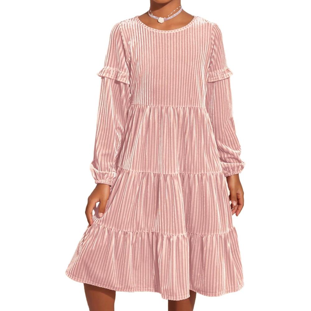imageArshiner Girls Velvet Tiered Dress Long Sleeve Crew Neck Elegant Tween Twirly Dresses for 613 YearsPink