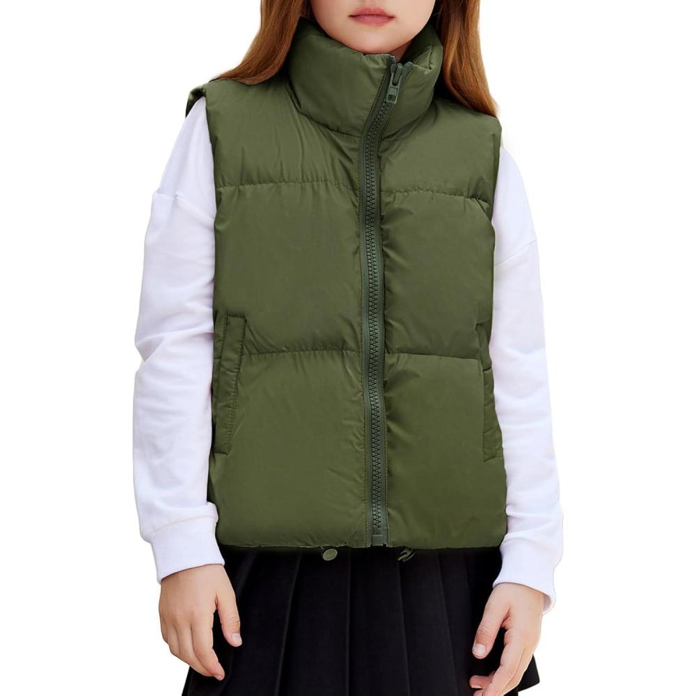 imageArshiner Girls Winter Zipper Puffer Vest Lightweight Sleeveless Outwear Puffy Vests for 512 Years OldArmy Green