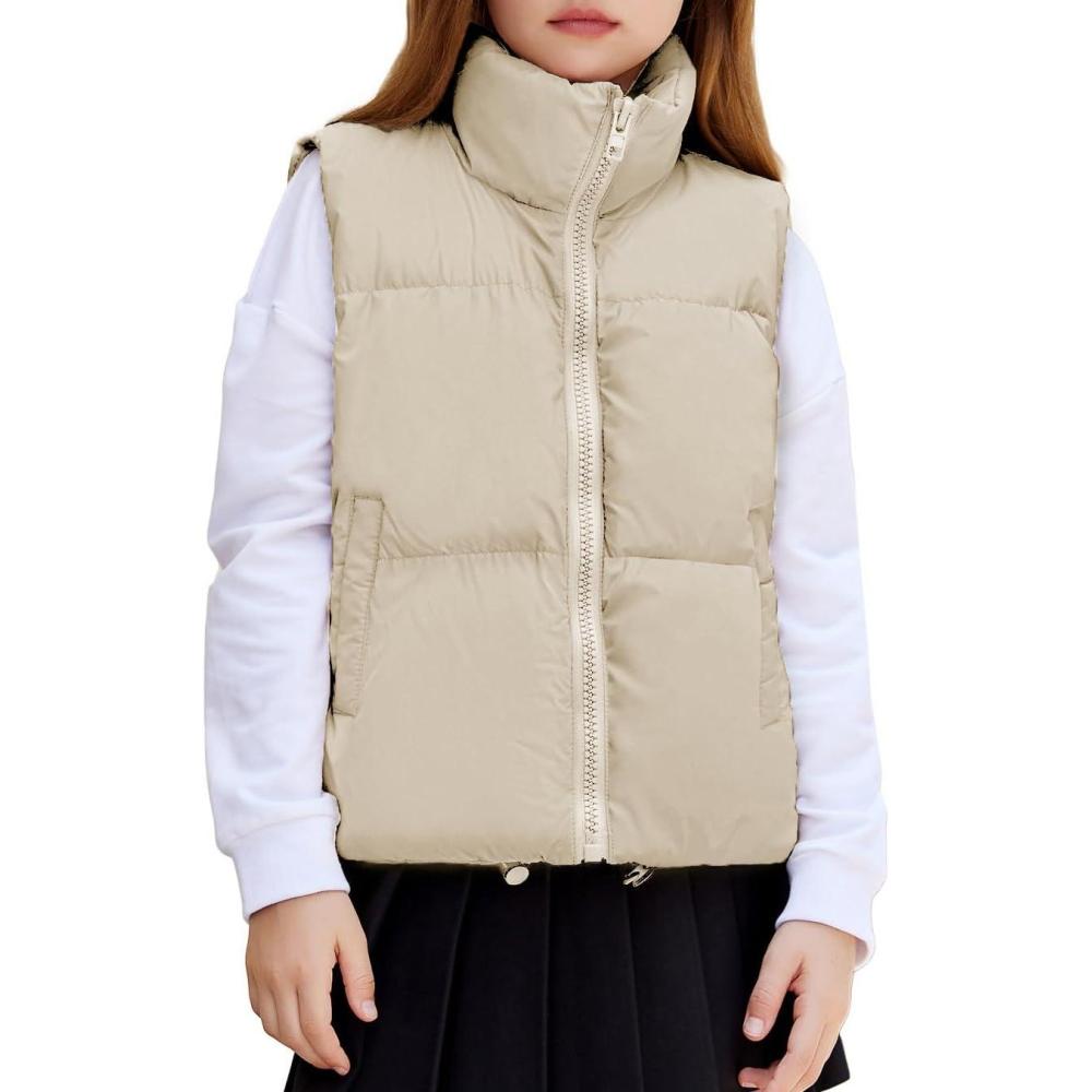 imageArshiner Girls Winter Zipper Puffer Vest Lightweight Sleeveless Outwear Puffy Vests for 512 Years OldBeige